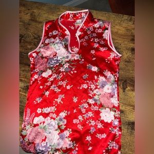YXL fits small. Girls Silk Chinese Dress side zip, flowers, red silk sleeveless